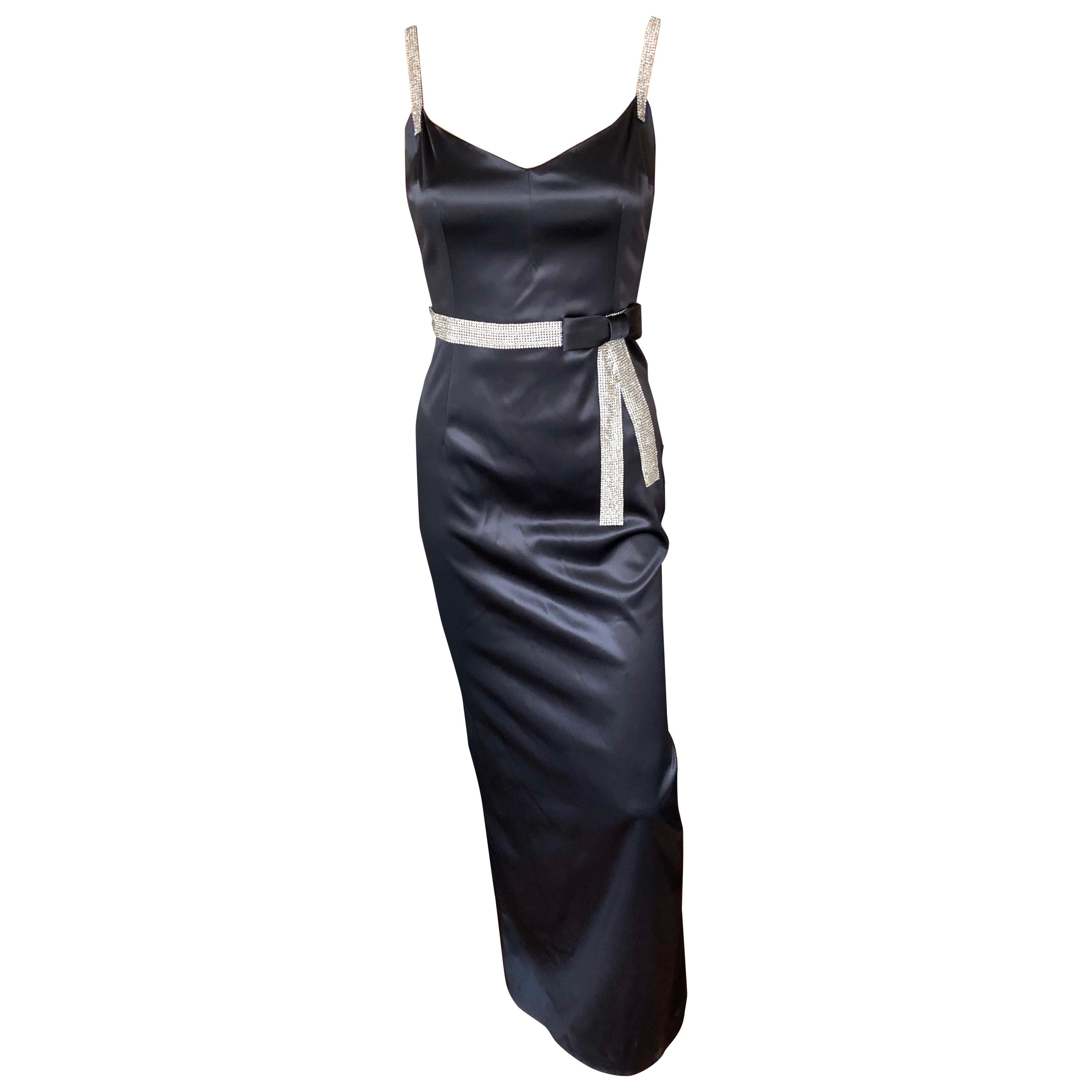 Dolce & Gabbana S/S 2004 Embellished Crystal Belt Satin Black Evening Dress Gown