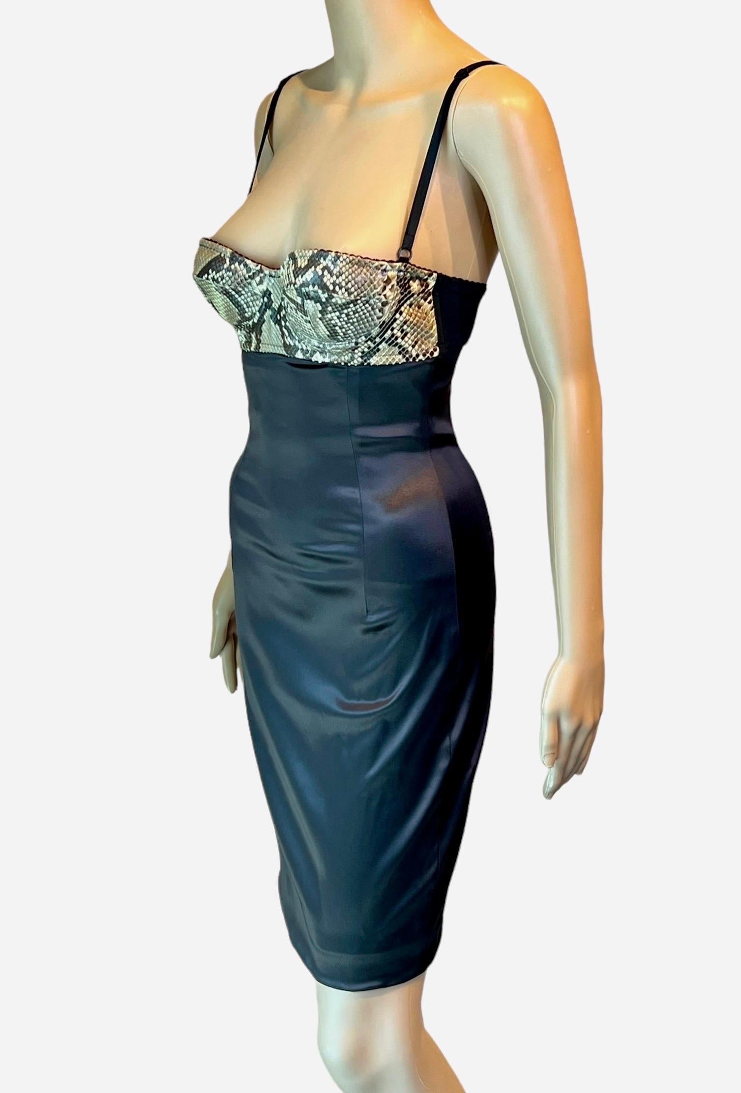 Black Dolce & Gabbana S/S 2005 Python Leather Bustier Bra Bodycon Silk Mini Dress
