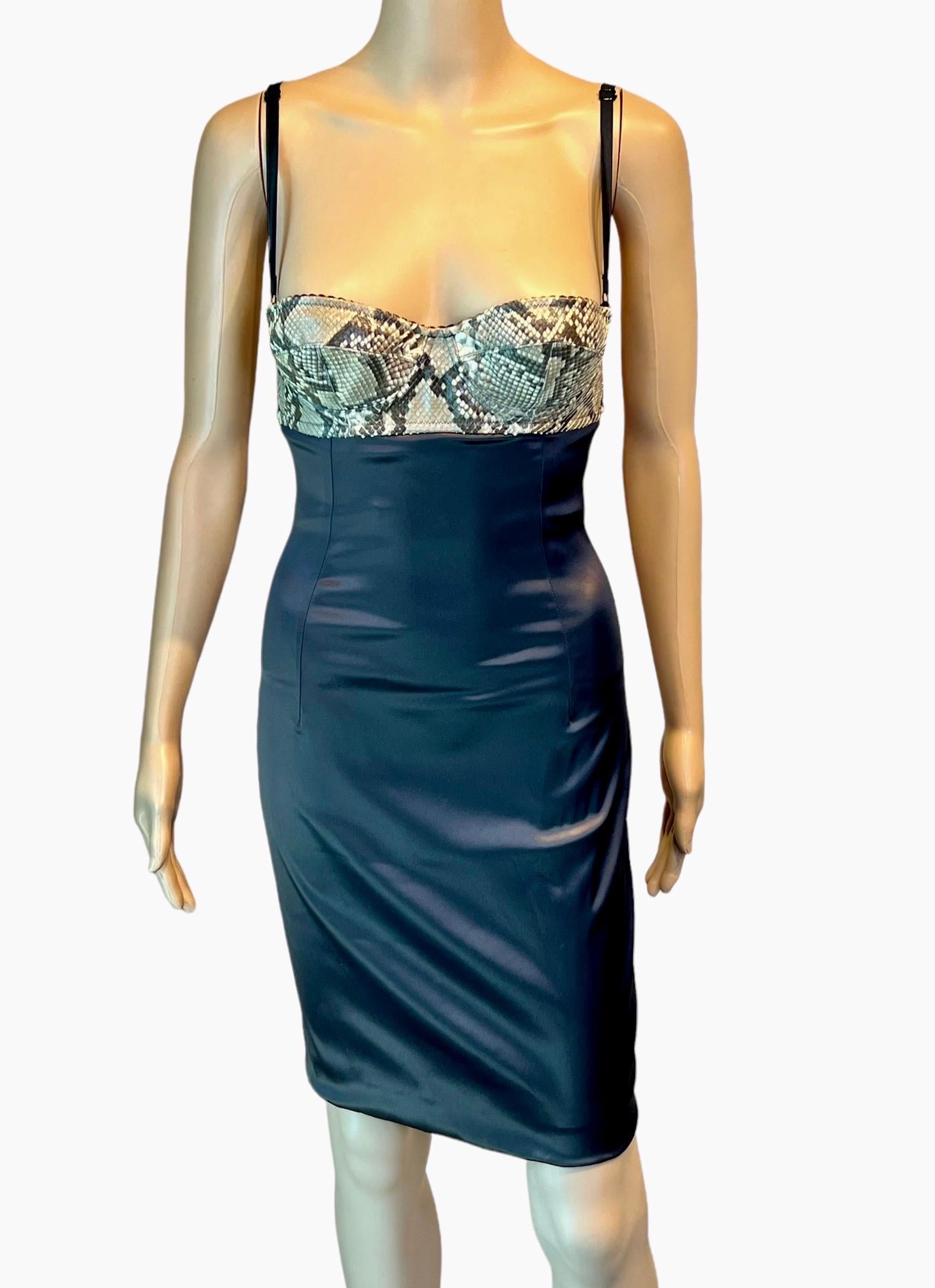 Women's Dolce & Gabbana S/S 2005 Python Leather Bustier Bra Bodycon Silk Mini Dress