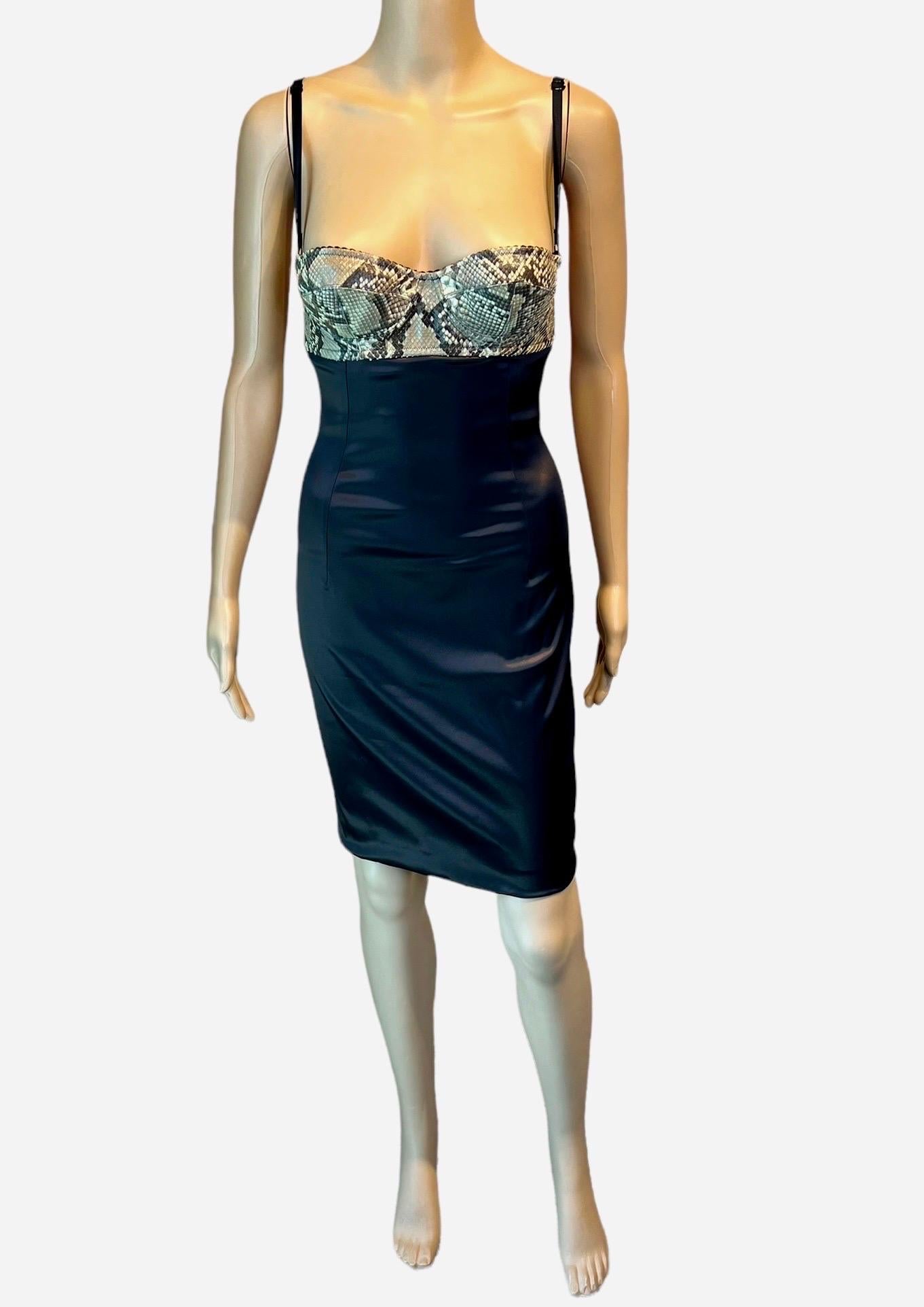 Women's Dolce & Gabbana S/S 2005 Python Leather Bustier Bra Bodycon Silk Mini Dress