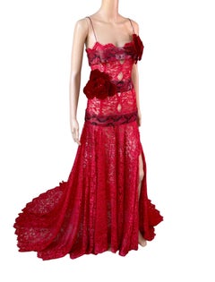 Dolce & Gabbana S/S 2005 Runway Red Lace Python Leather Train Evening Dress Gown