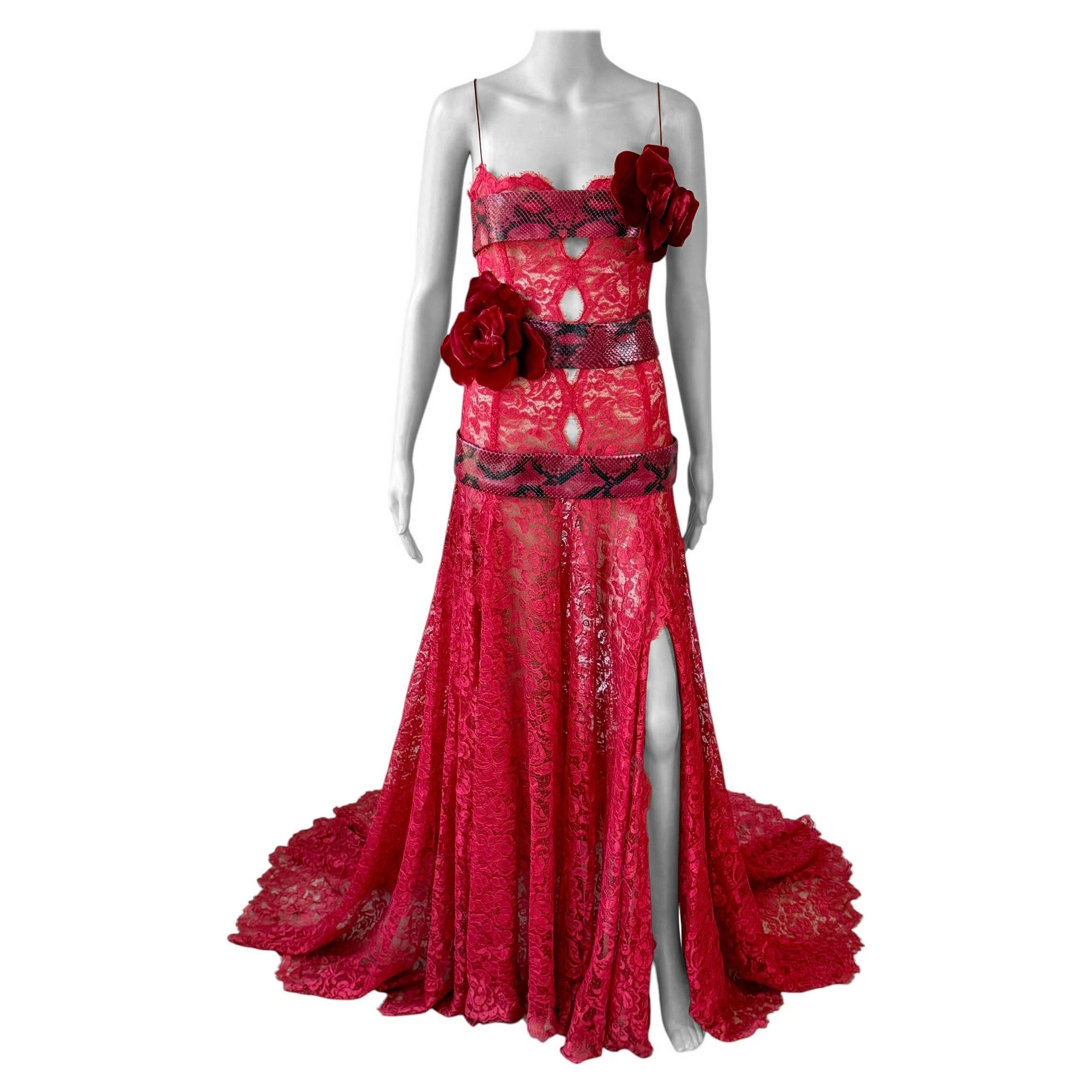 Robe de soirée Dolce & Gabbana, collection printemps-été 2005, avec traîne en cuir de python et dentelle rouge, vue sur le podium