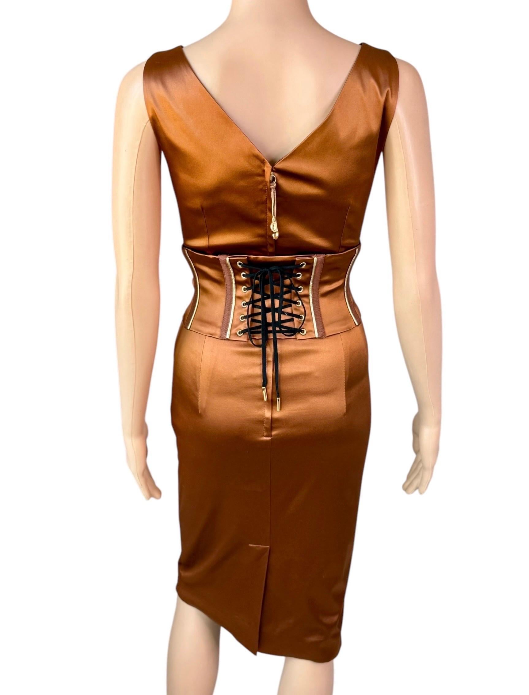 Brown Dolce & Gabbana S/S 2007 Belted Corset Bodycon Metallic Acetate Dress