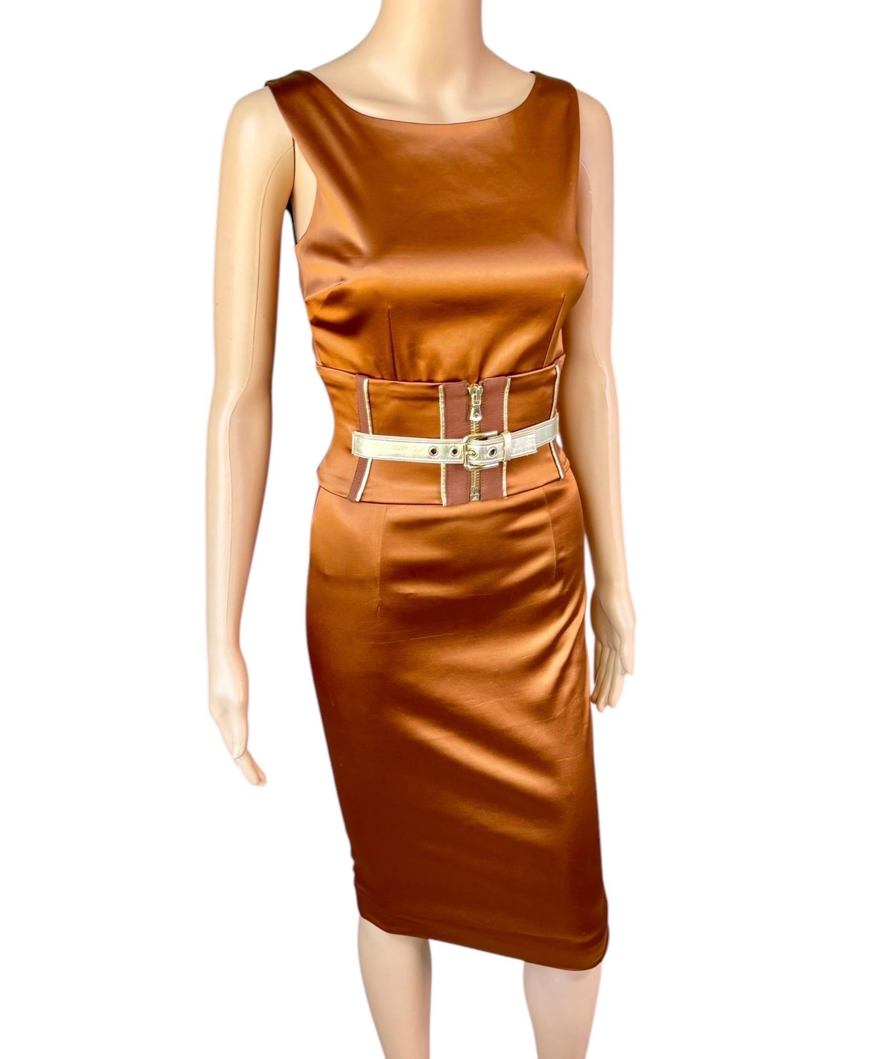 Women's Dolce & Gabbana S/S 2007 Belted Corset Bodycon Metallic Acetate Dress