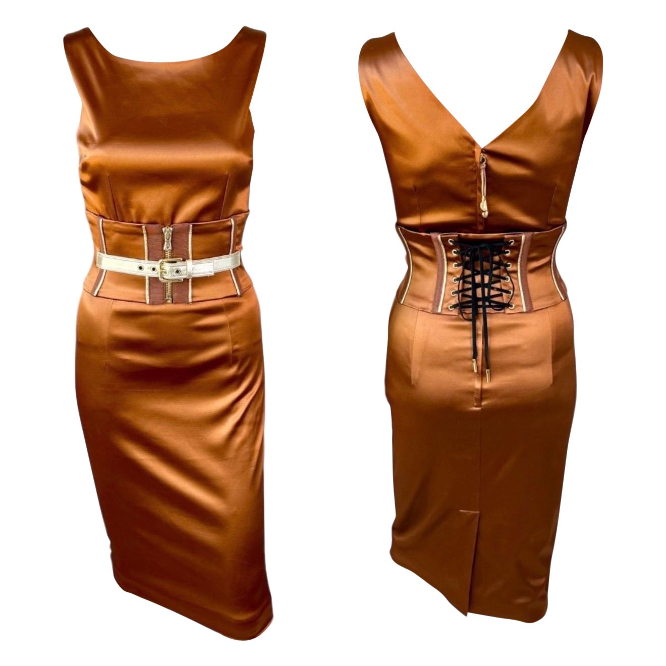 Dolce & Gabbana S/S 2007 Belted Corset Bodycon Metallic Acetate Dress