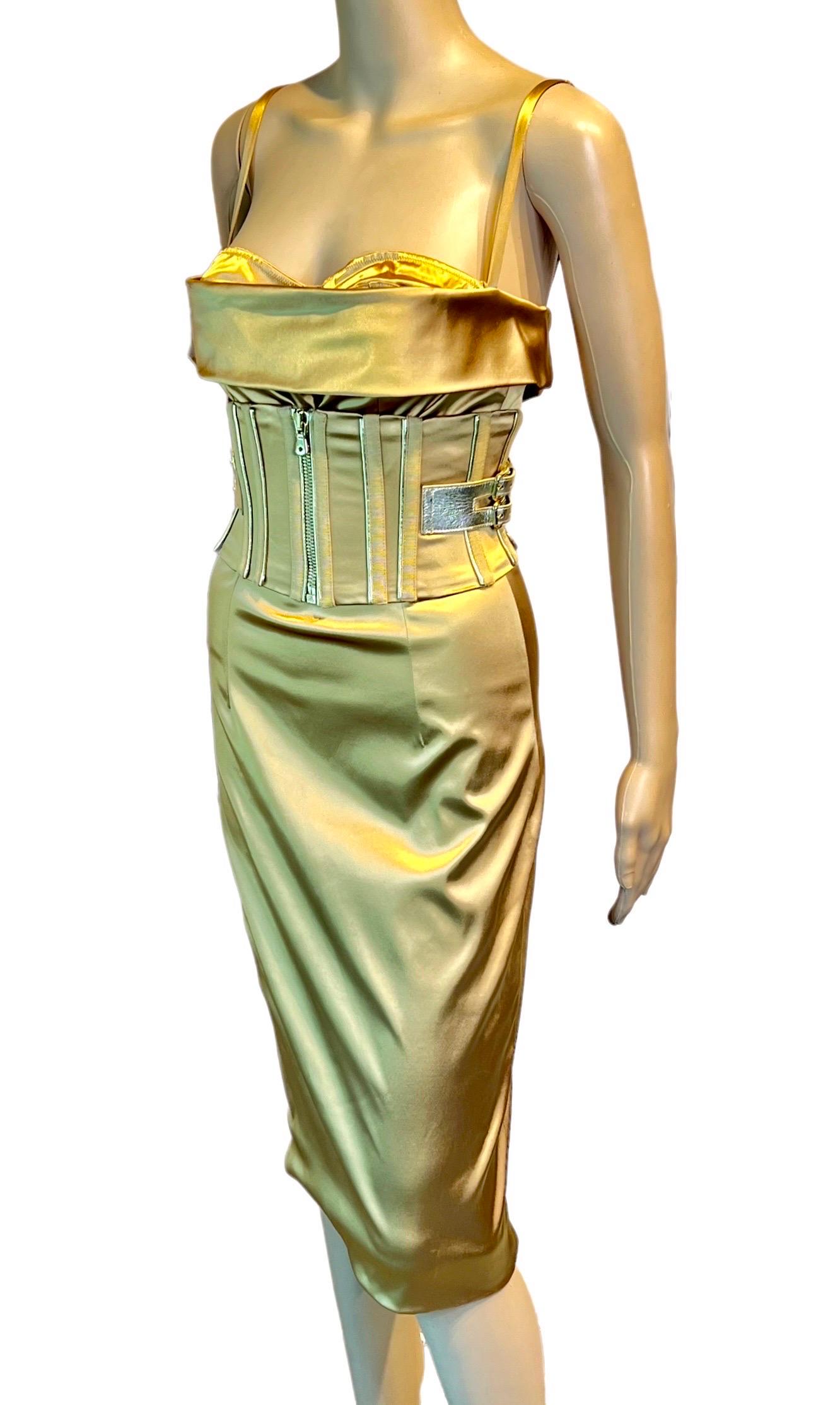 Dolce & Gabbana S/S 2007 Corset Belted Bra Bustier Bodycon Gold Acetate Dress IT 42
