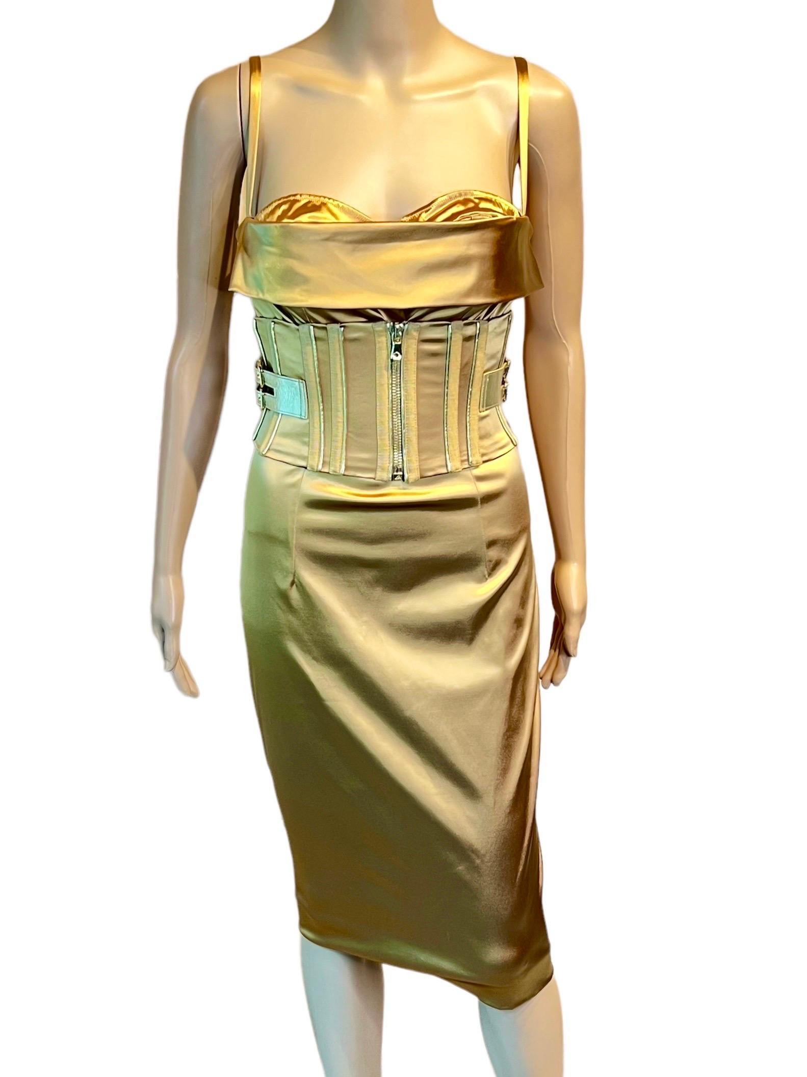 Brown Dolce & Gabbana S/S 2007 Corset Belted Bra Bustier Bodycon Gold Acetate Dress For Sale
