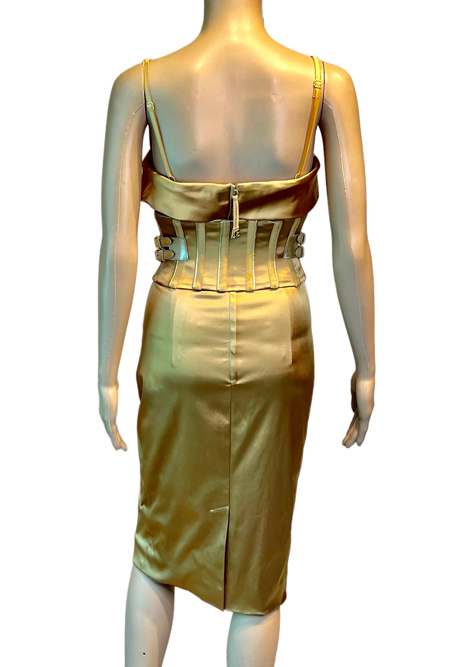 Dolce & Gabbana S/S 2007 Corset Belted Bra Bustier Bodycon Gold Acetate Dress In Excellent Condition For Sale In Naples, FL