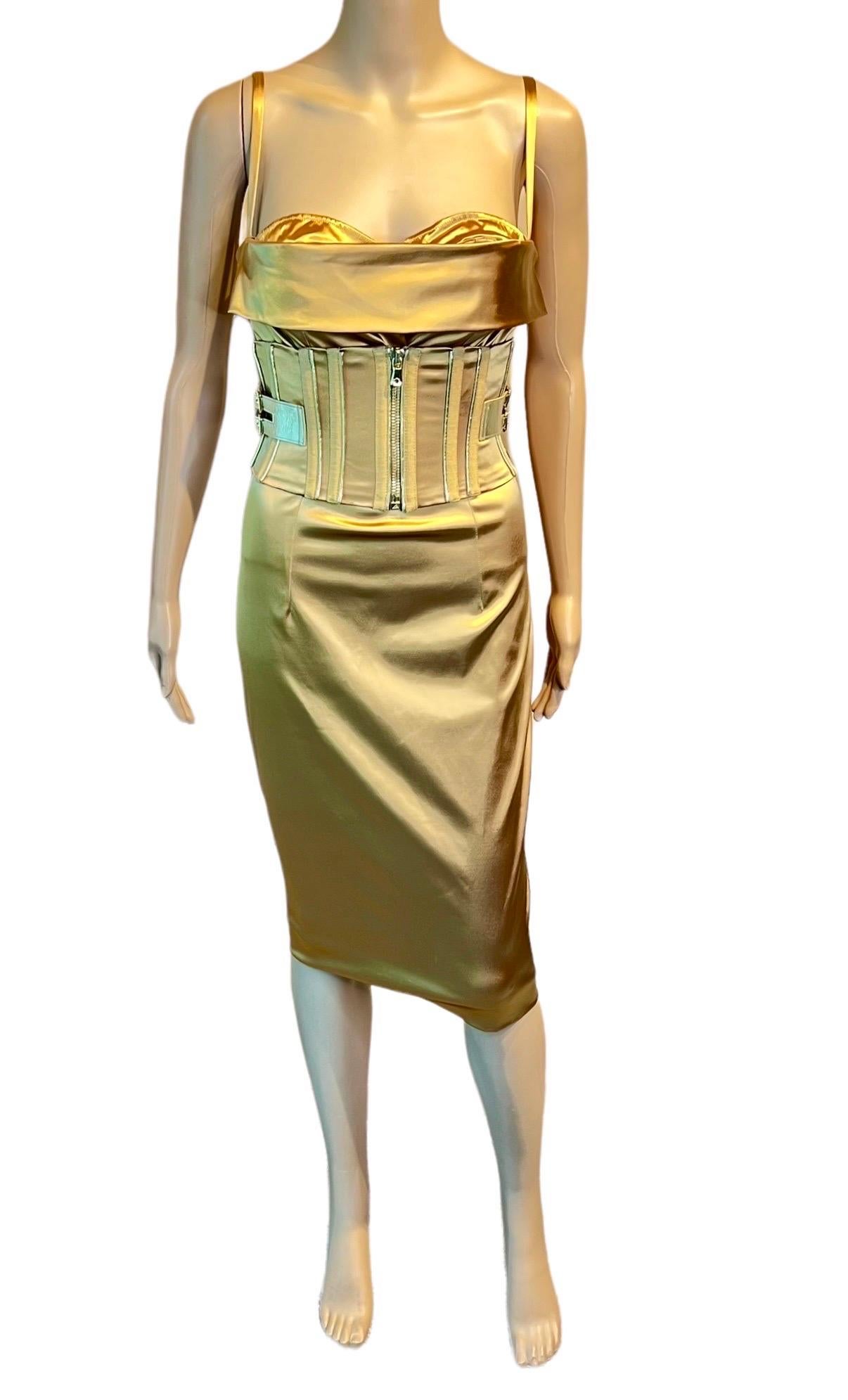 Dolce & Gabbana S/S 2007 Corset Belted Bra Bustier Bodycon Gold Acetate Dress For Sale 2