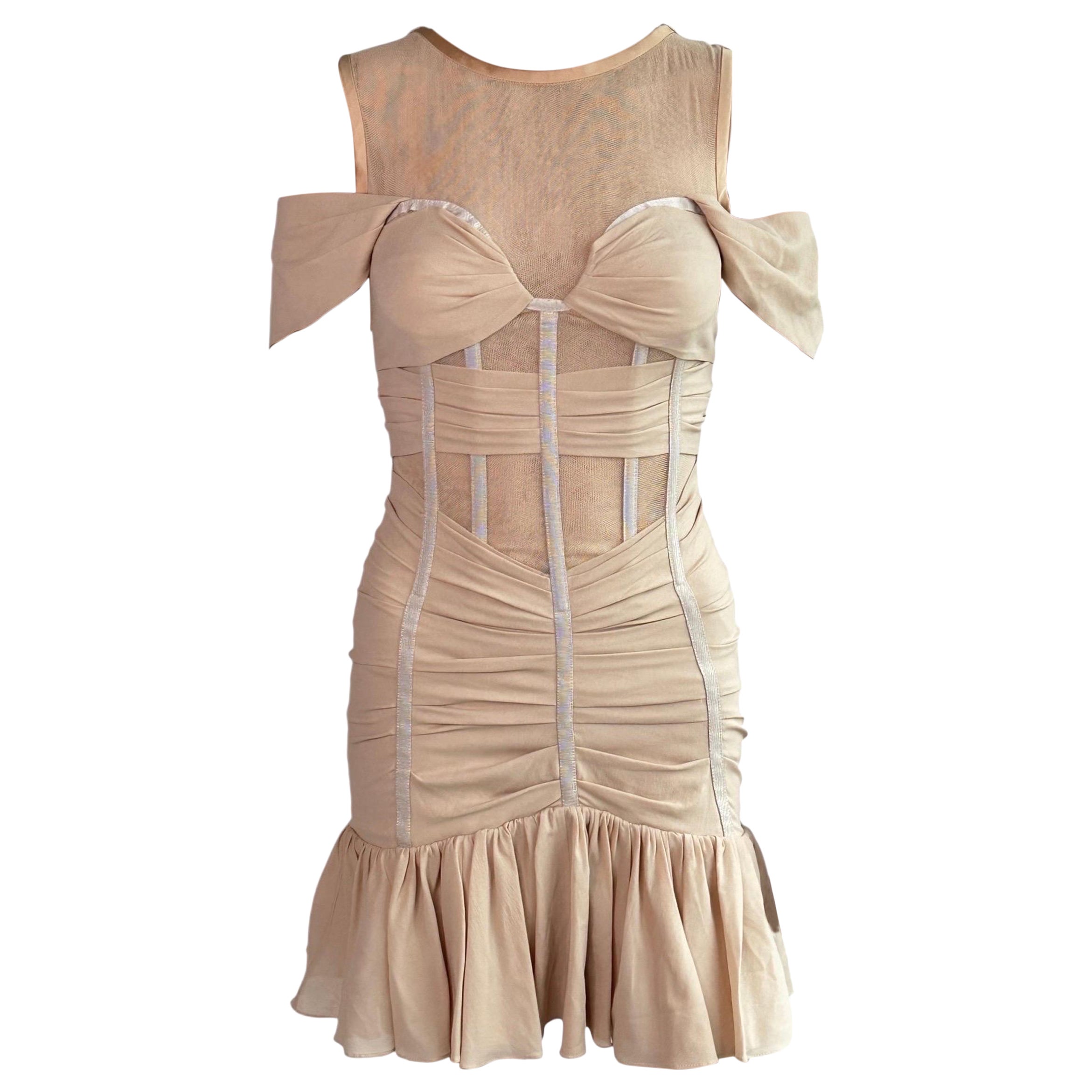 Dolce & Gabbana Pasarela S/S 2007 Paneles de malla transparente Mini Vestido corsé sin hombros