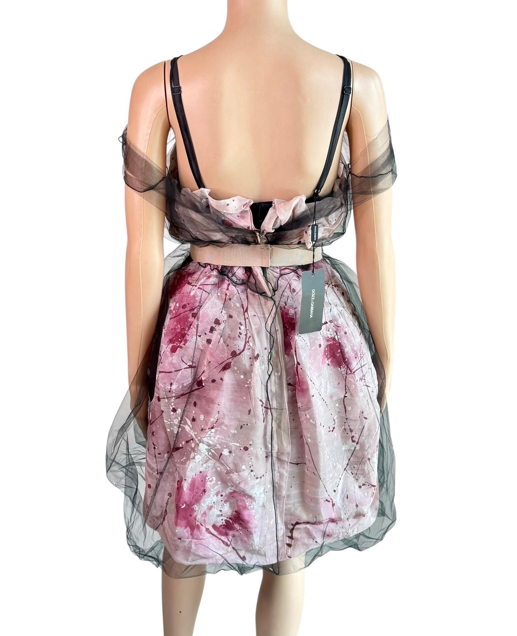 Dolce & Gabbana S/S 2008 Runway Ungetragenes Handbemaltes Kleid mit Gürtel aus durchsichtigem Mesh (Grau) im Angebot