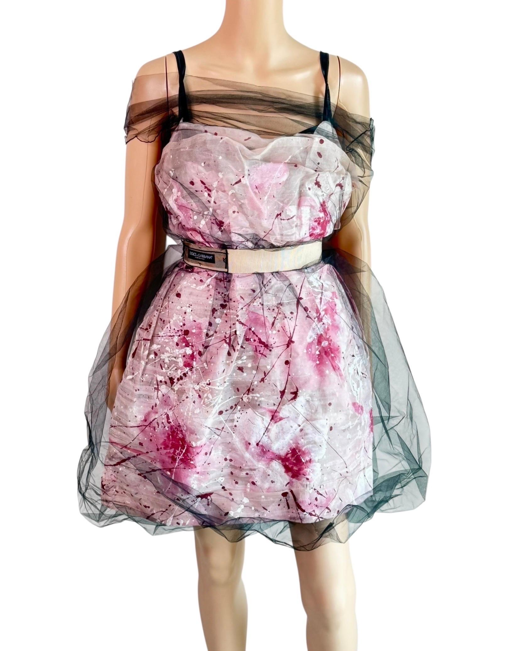 Dolce & Gabbana S/S 2008 Runway Ungetragenes Handbemaltes Kleid mit Gürtel aus durchsichtigem Mesh im Zustand „Neu“ im Angebot in Naples, FL