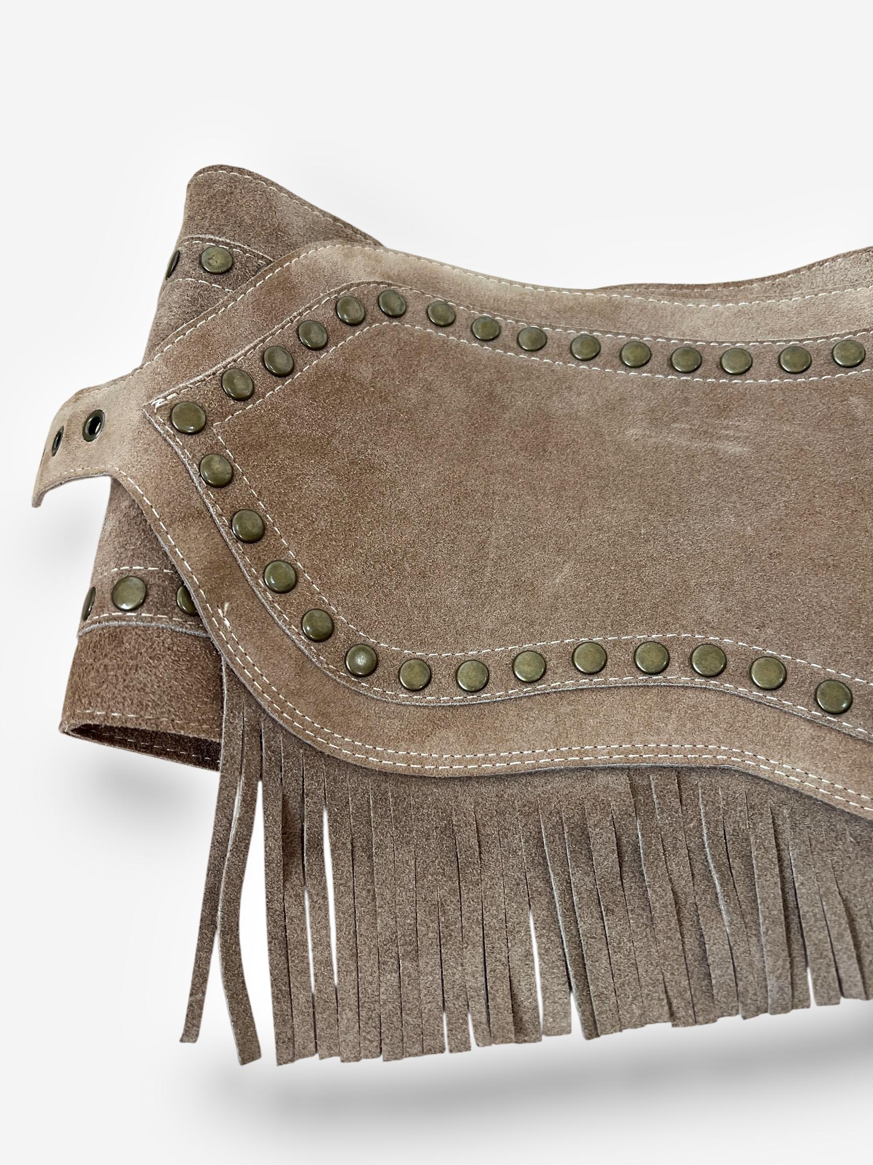 Dolce & Gabbana S/S 2010 Beige Suede Studded Fringe Micro Skirt In Good Condition For Sale In CAPELLE AAN DEN IJSSEL, ZH