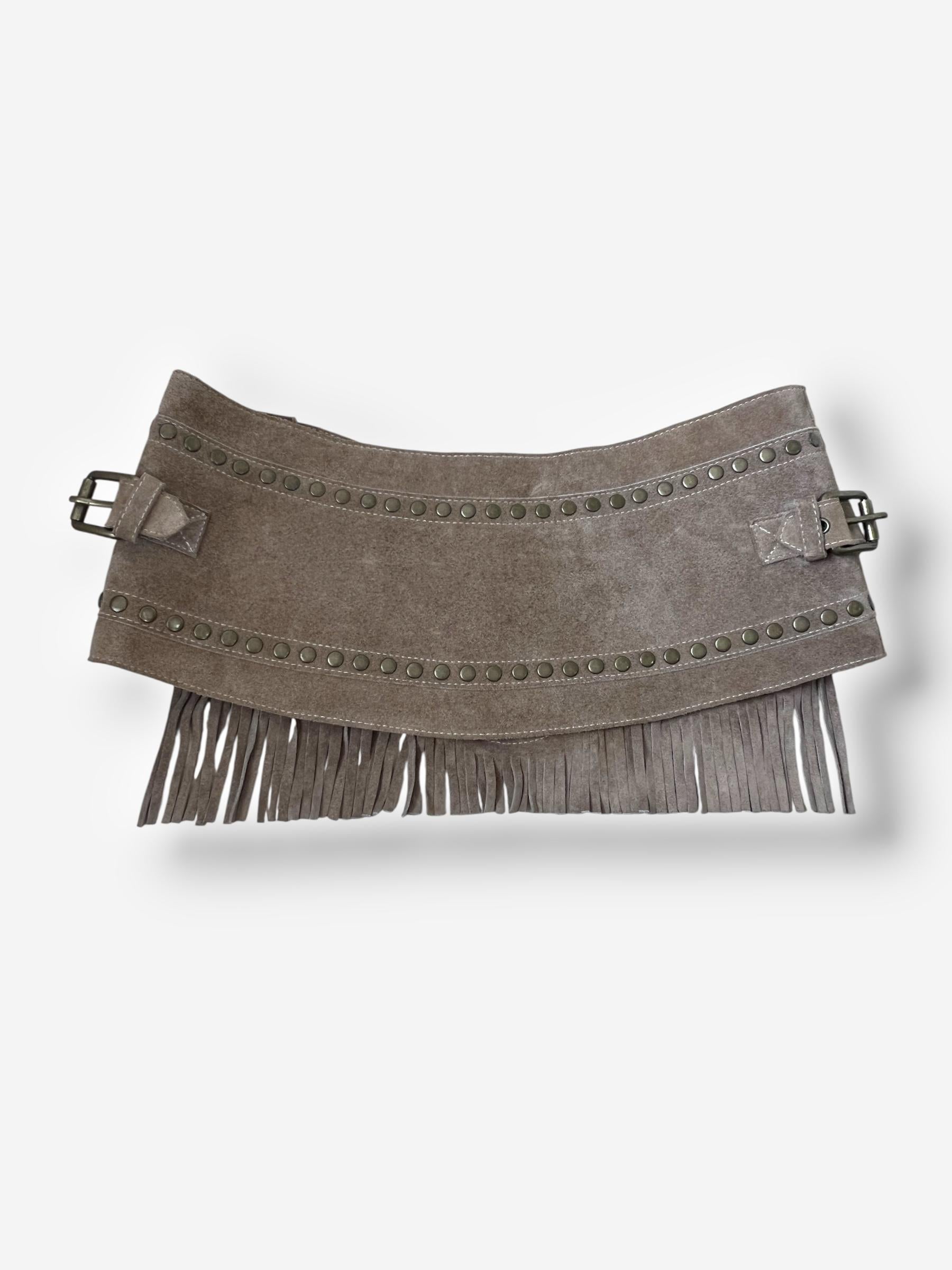Dolce & Gabbana S/S 2010 Beige Suede Studded Fringe Micro Skirt For Sale 1