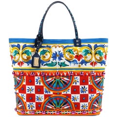 DOLCE & GABBANA S/S 2013 “Beatrice” Carretto Maiolica Studded Canvas Tote NWT