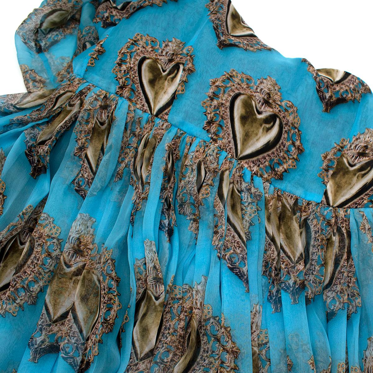 Dolce & Gabbana Sacred Heart Long Sleeve Blue Silk-Chiffon Dress - US Size 2 In New Condition For Sale In London, GB