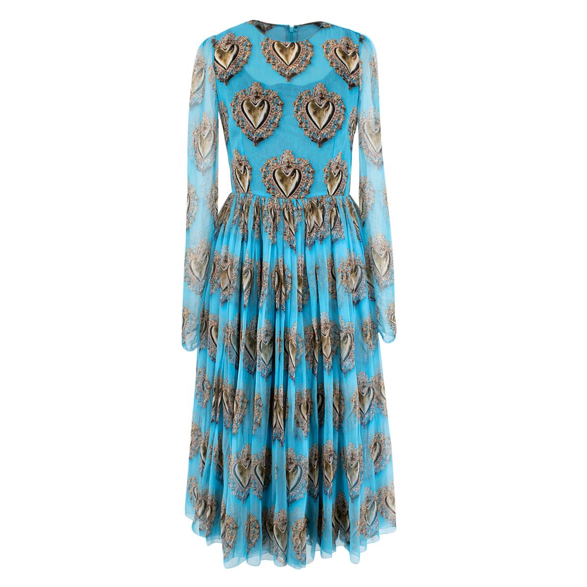 Dolce & Gabbana Sacred Heart Long Sleeve Blue Silk-Chiffon Dress - US Size 2 For Sale
