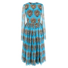 Dolce & Gabbana Sacred Heart Long Sleeve Blue Silk-Chiffon Dress - US Size 2