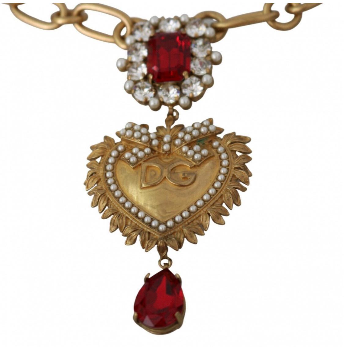 Modern Dolce & Gabbana sacred heart pearl pendant
necklace with red crystals