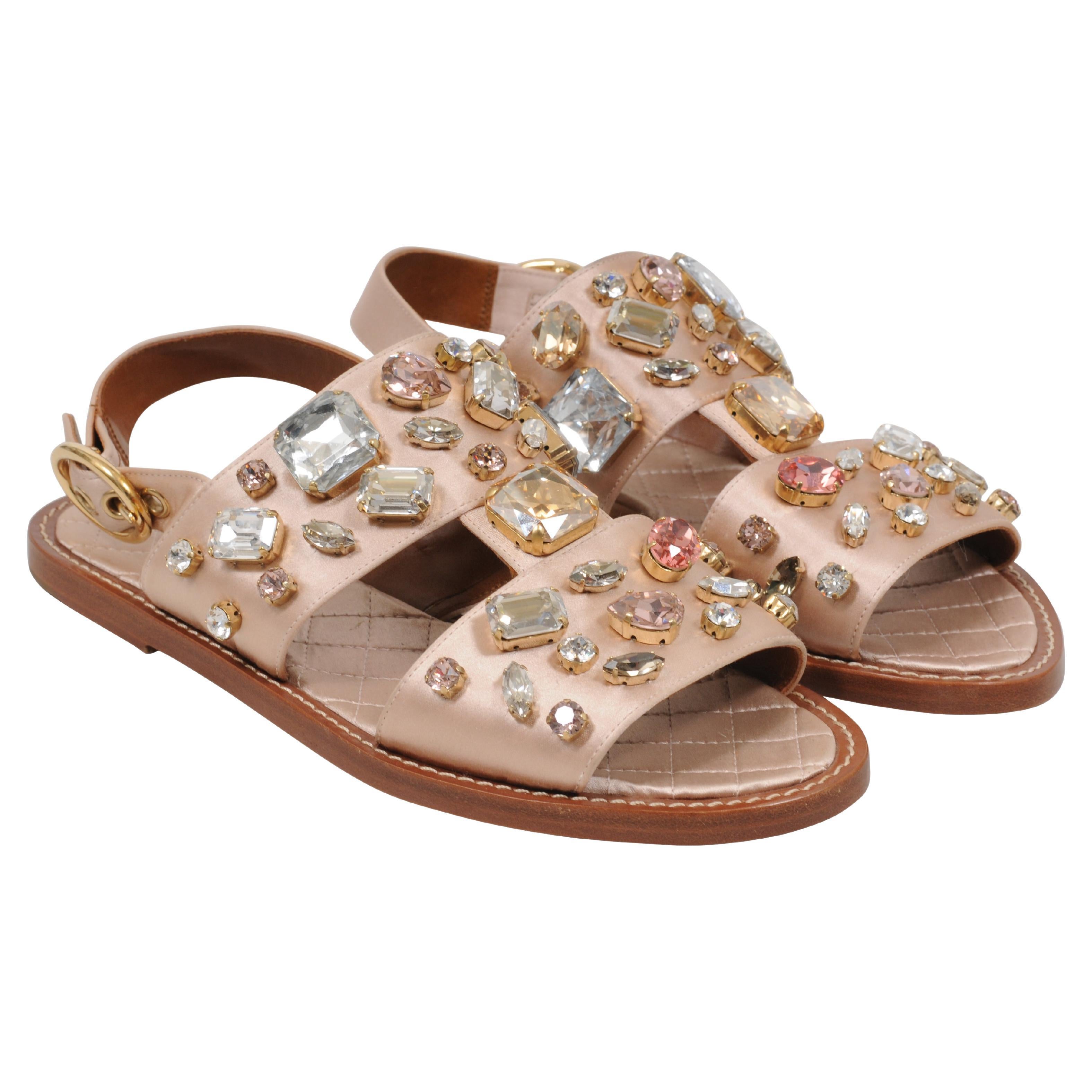 Dolce & Gabbana Sandals Size US7 37 Tan Gold Satin Crystal Bejeweled Mule Flats