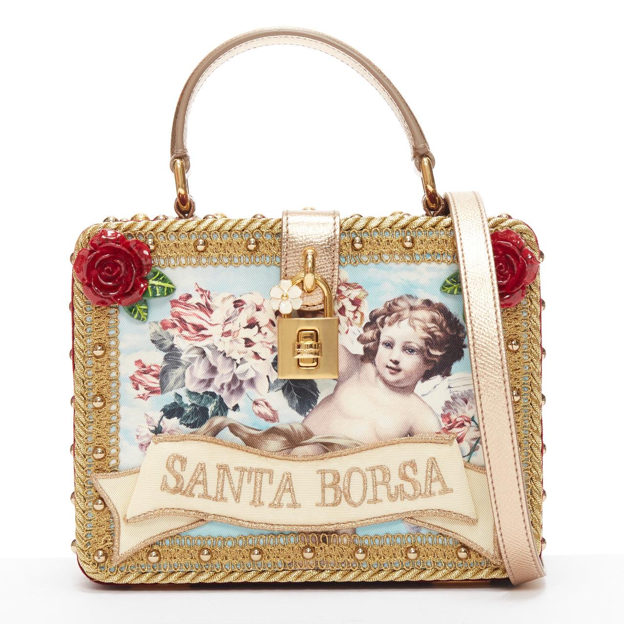DOLCE GABBANA Santa Borsa gold baroque trim cherub print vanity box shoulder bag In New Condition For Sale In Hong Kong, NT