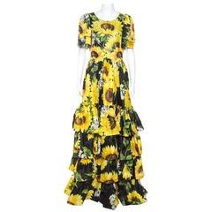 Dolce & Gabbana Sartoria Black Sunflower Printed Silk Embellished Dress M