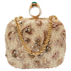 Dolce & Gabbana Satin and Sequins Crystal Embellished Ring Frame Chain Clutch