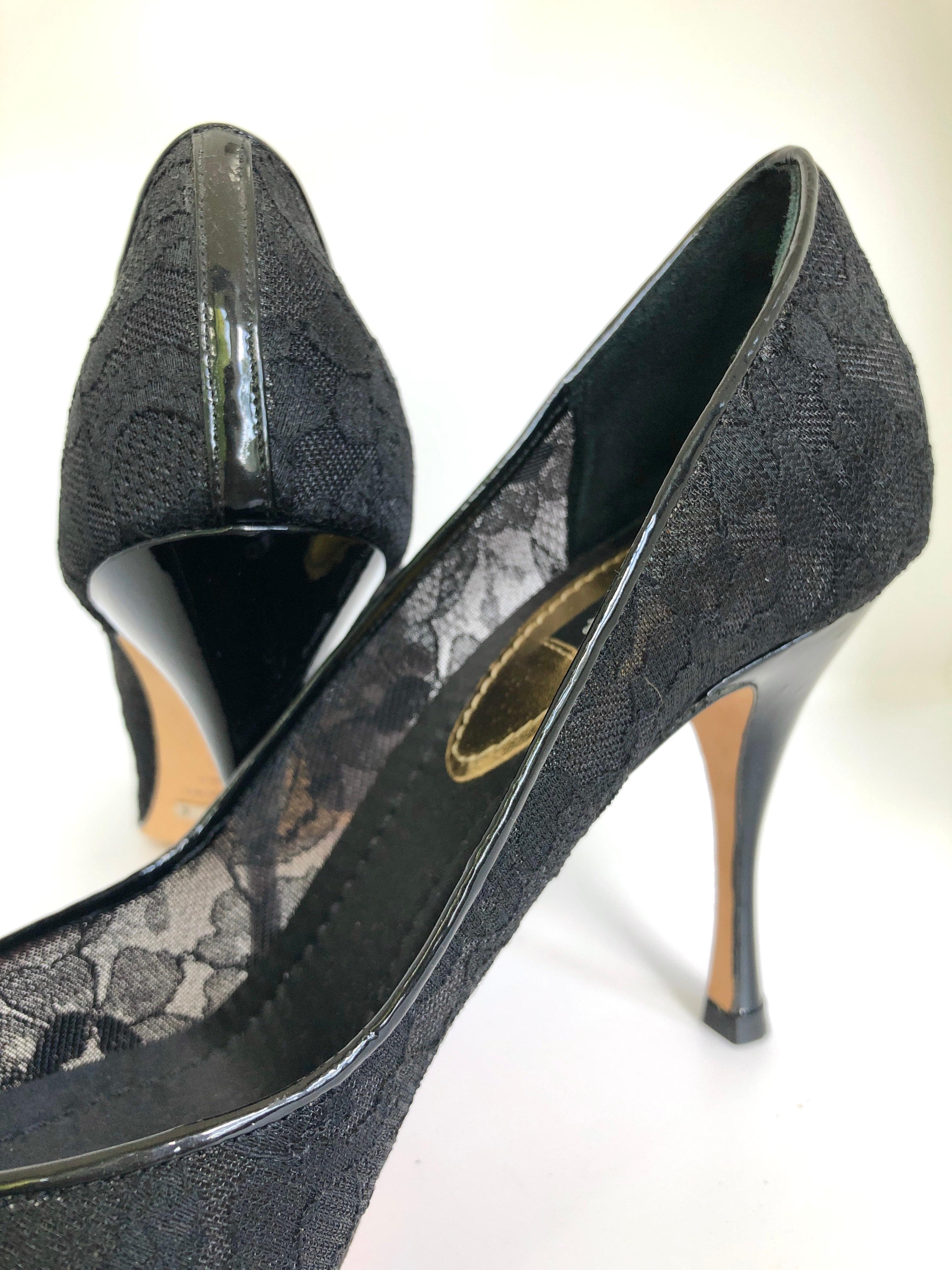 Dolce & Gabbana Satin Bow, Black Lace & Patent Leather Peep Toe Formal Pumps For Sale 9