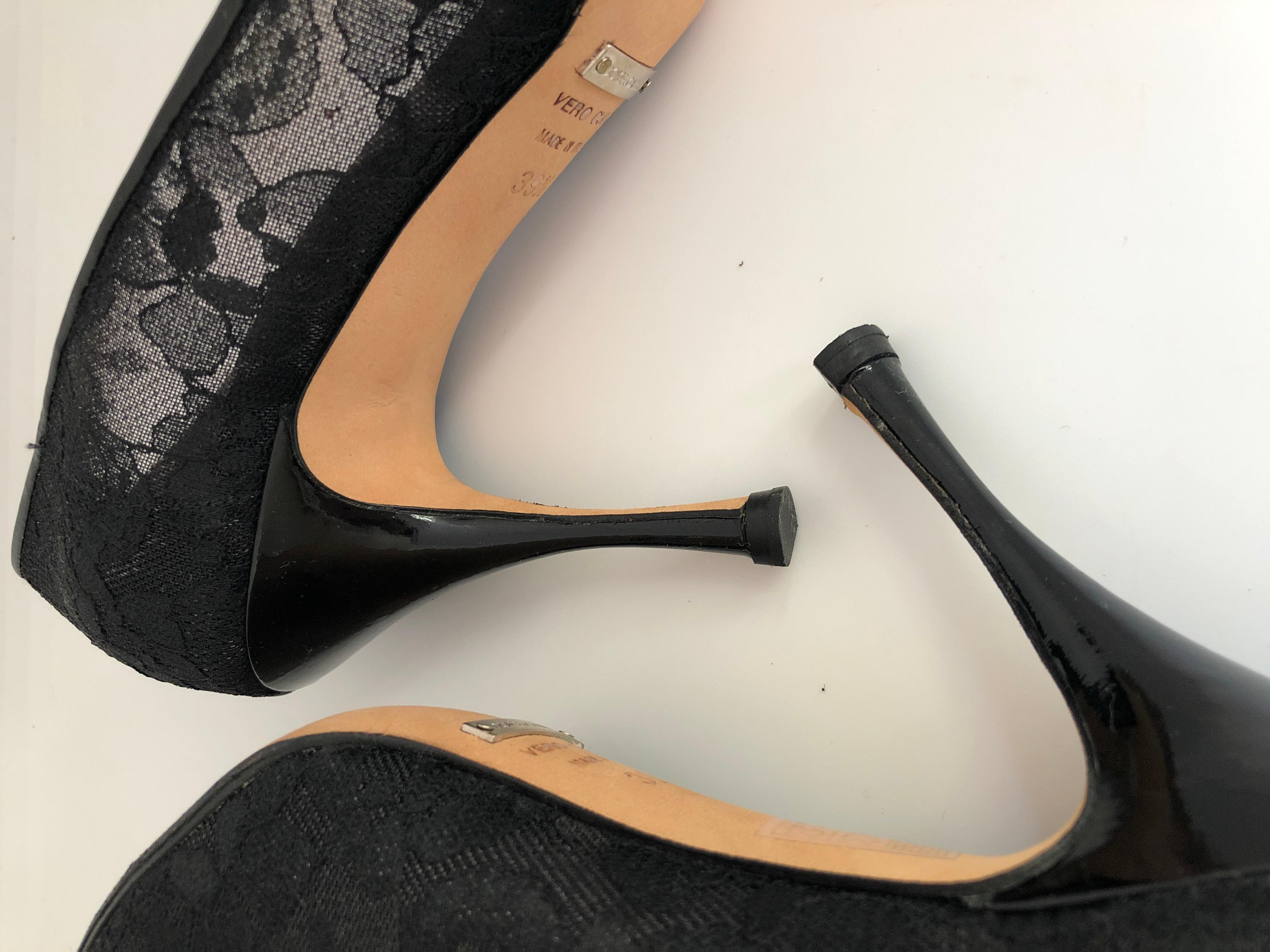 Dolce & Gabbana Satin Bow, Black Lace & Patent Leather Peep Toe Formal Pumps For Sale 10