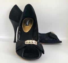 Dolce & Gabbana Satin Bow, Black Lace & Patent Leather Peep Toe Formal Pumps