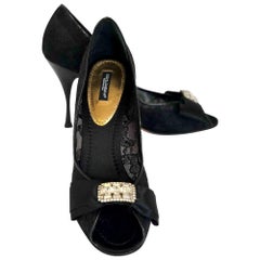 Dolce & Gabbana Satin Bow, Black Lace & Patent Leather Peep Toe Formal Pumps