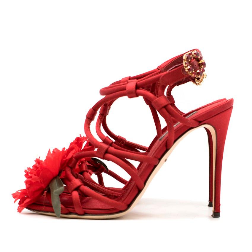 Red Dolce & Gabbana Satin Strappy Flower Embellished Sandals IT 36
