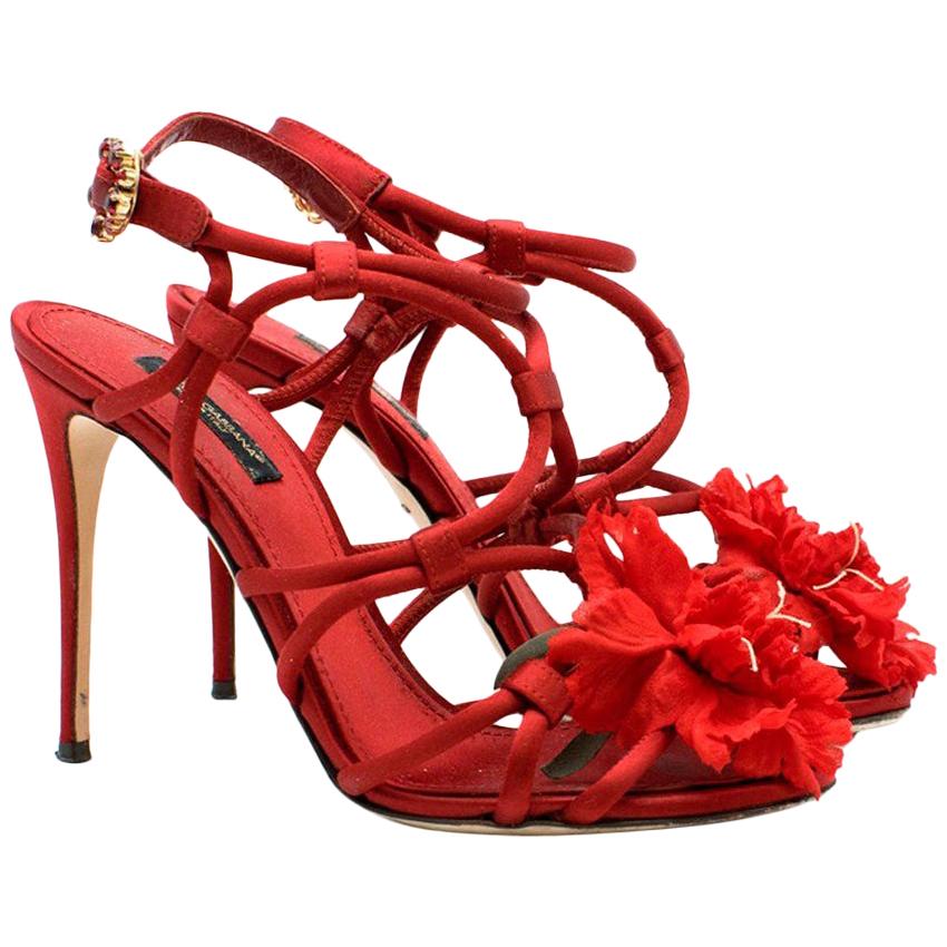 Dolce & Gabbana Satin Strappy Flower Embellished Sandals IT 36