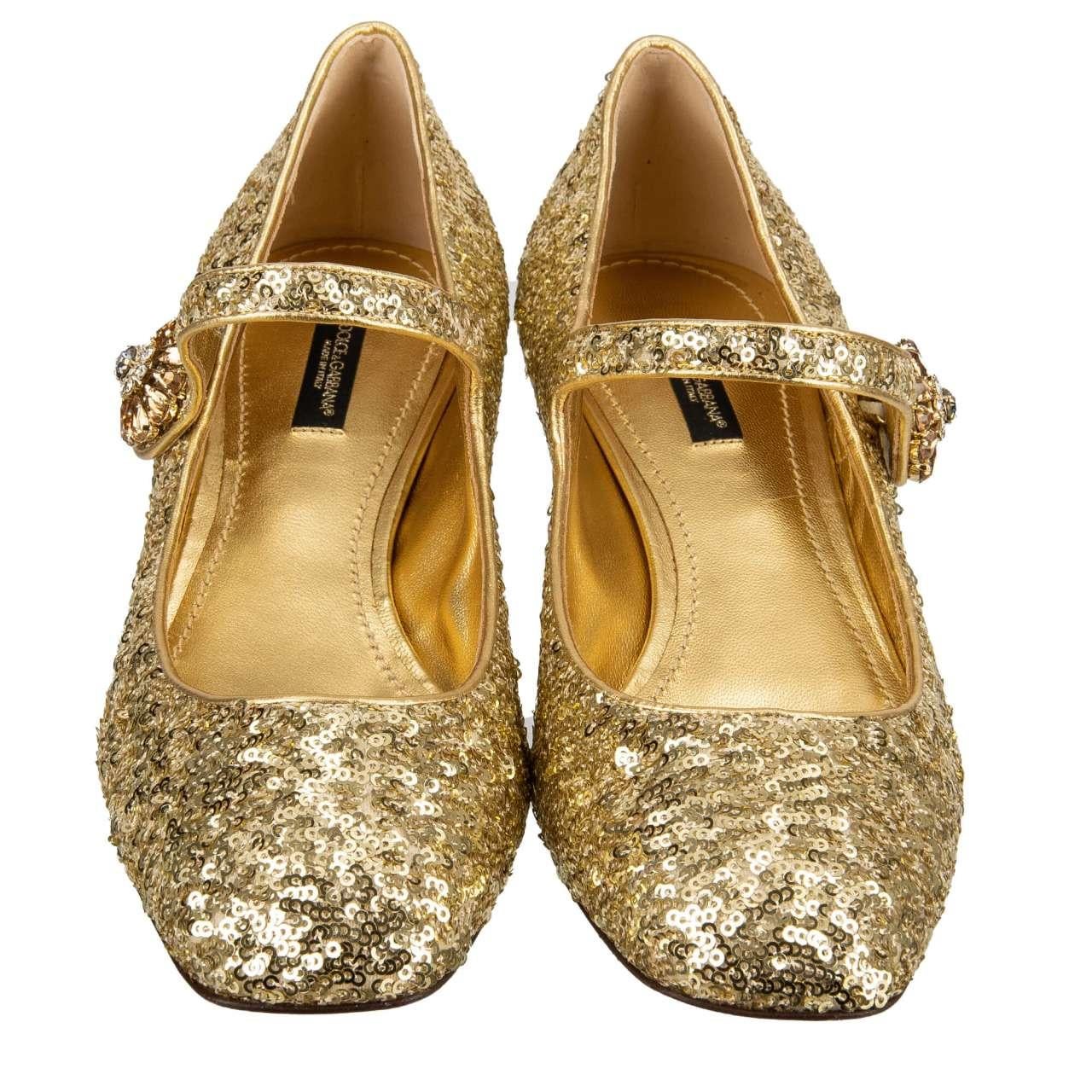 Dolce & Gabbana - Sequin Crystal Heels Mary Jane Pumps VALLY Gold 40 US 10 In Excellent Condition For Sale In Erkrath, DE