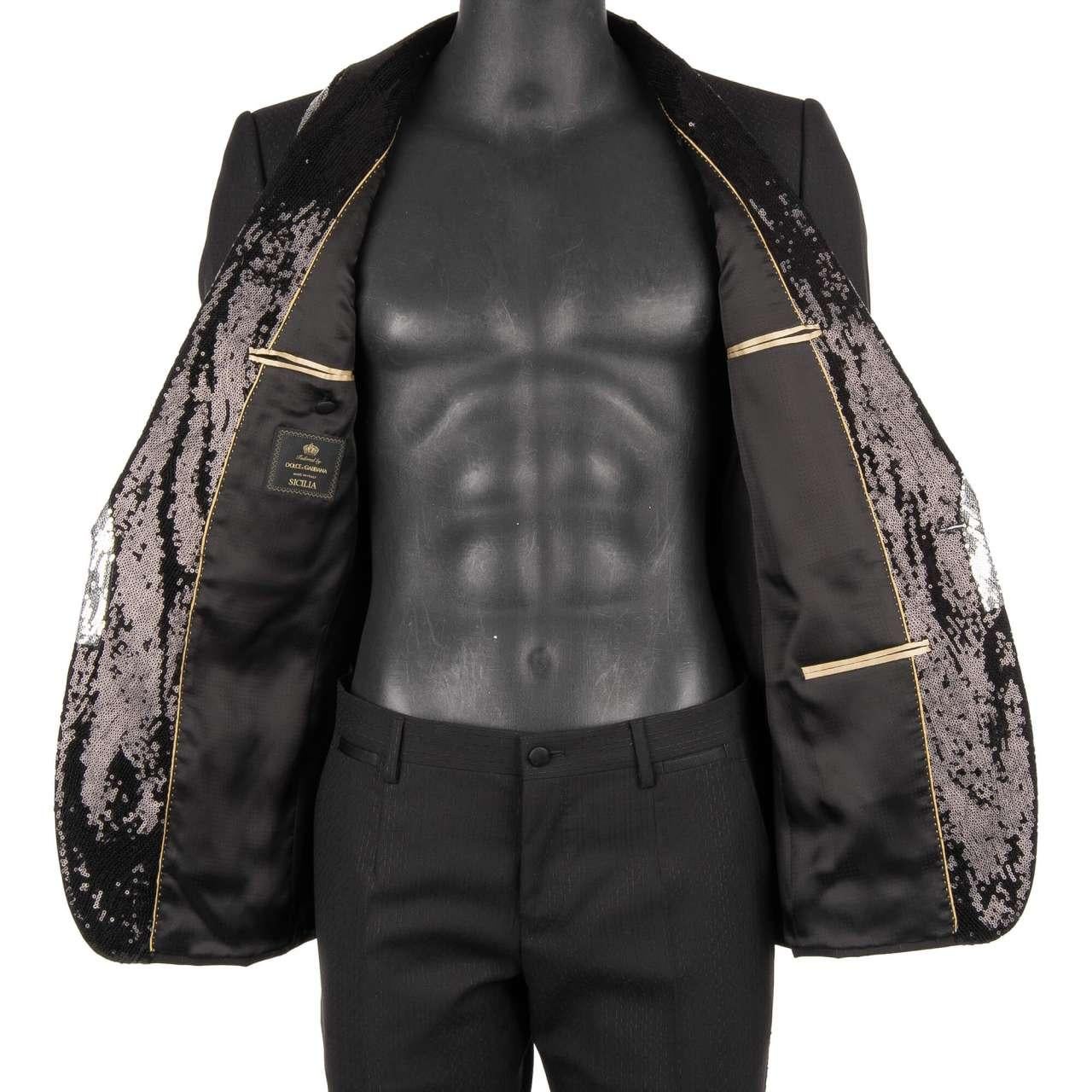- Wool an Silk Blend suit with sequin embroidered shawl lapel in silver and black by DOLCE & GABBANA - SICILIA Model - RUNWAY - Dolce & Gabbana Fashion Show - New with tag - Former RRP: EUR 2,950 - MADE in ITALY - Slim Fit - Model: