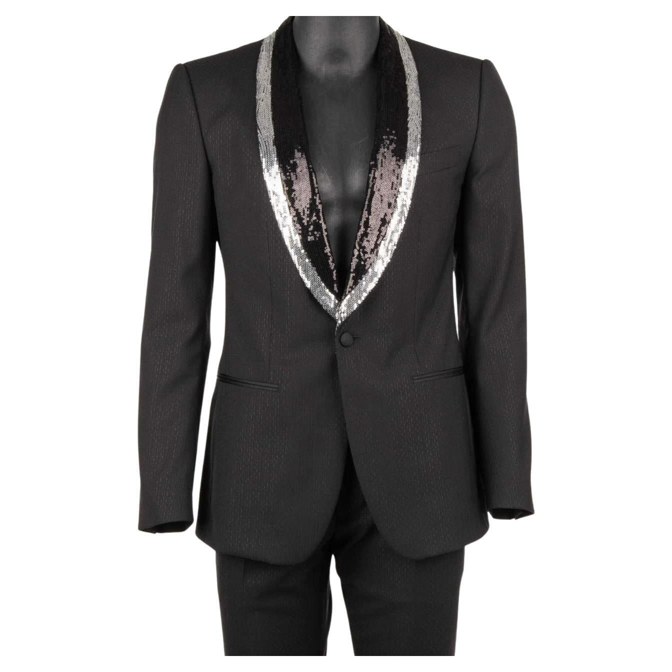 Dolce & Gabbana Sequin Embroidered Wool Silk Suit SICILIA Silver Black 46 For Sale