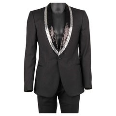 Dolce & Gabbana Sequin Embroidered Wool Silk Suit SICILIA Silver Black 46