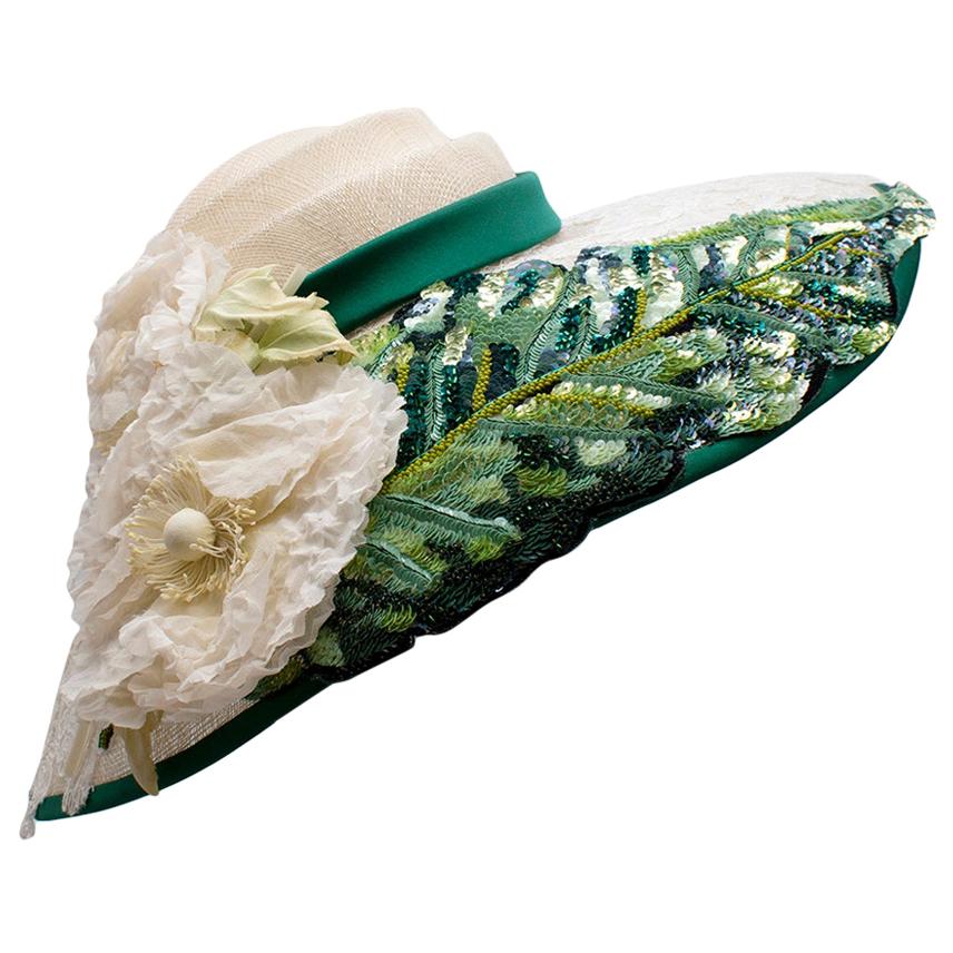 Dolce & Gabbana Sequin & Lace Detailed Floral Embellished Raffia Hat