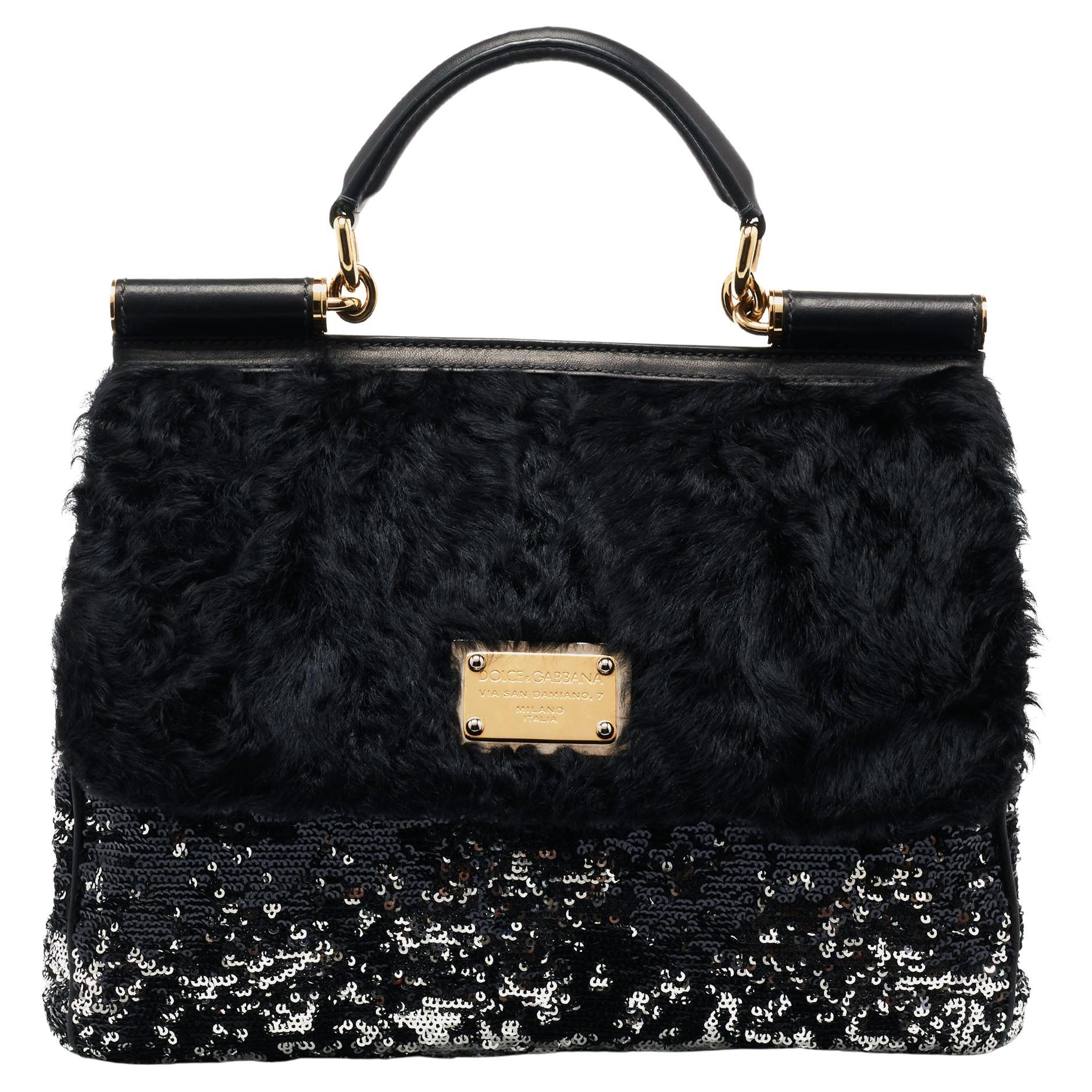Dolce 
Gabbana Sequin, Leather and Shearling Miss Sicily Top Handle Bag