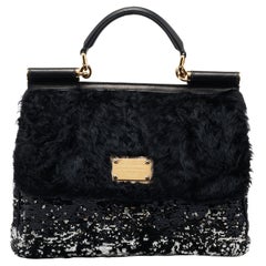 Dolce & Gabbana Sequin, Leather and Shearling Miss Sicily Top Handle Bag
