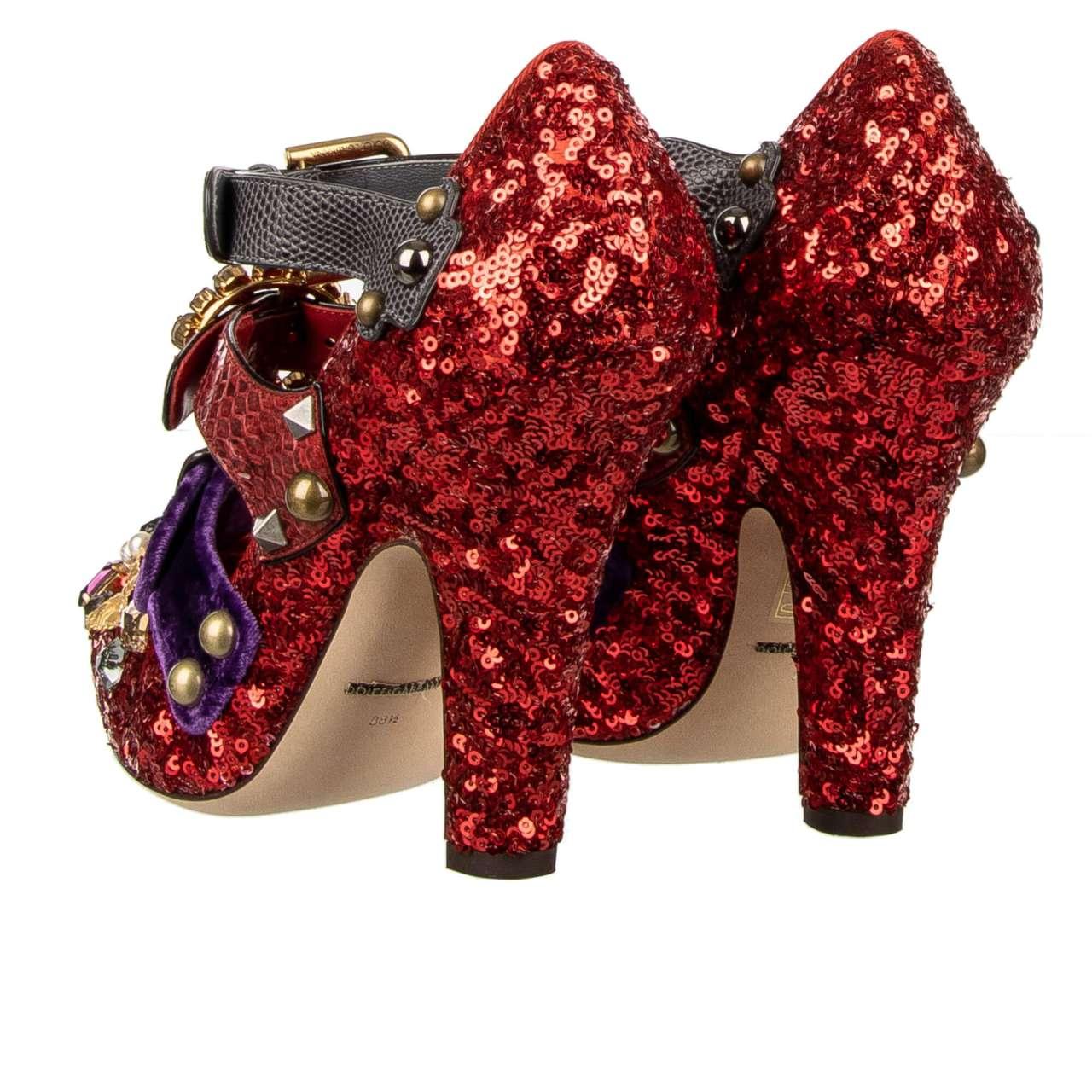 Dolce & Gabbana Sequin Pearl Brooch Strap Mary Jane Pumps VALLY Red EUR 38.5 For Sale 1