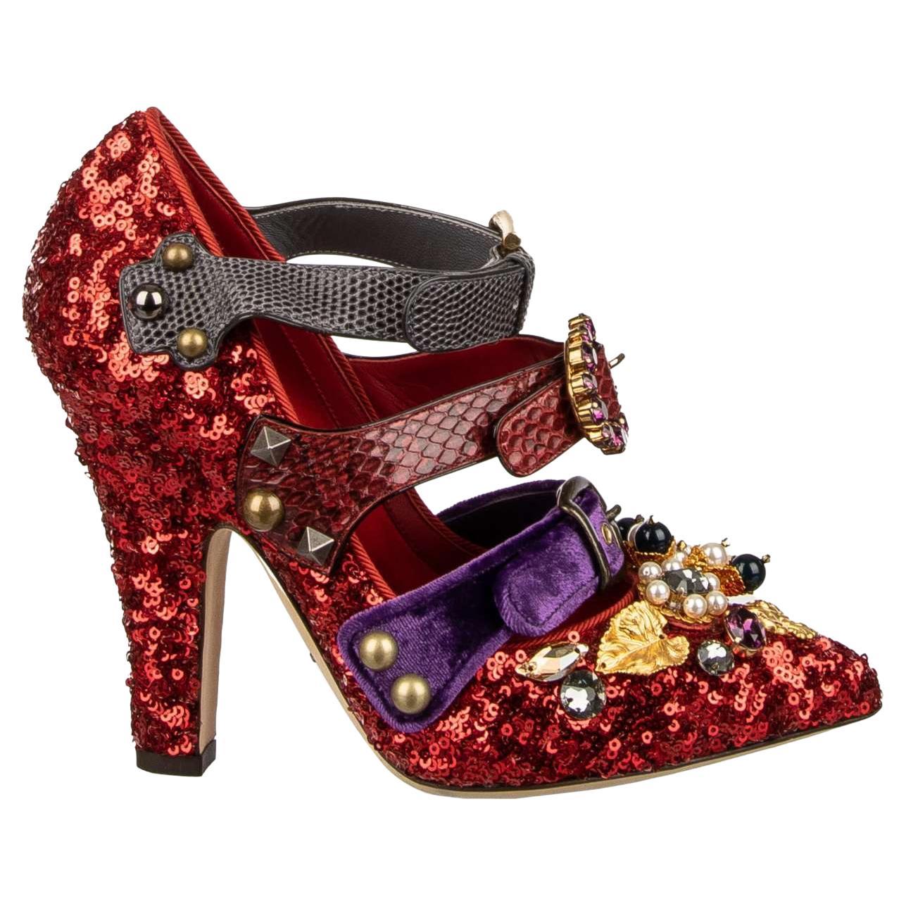 Dolce & Gabbana Sequin Pearl Brooch Strap Mary Jane Pumps VALLY Red EUR 38.5 For Sale