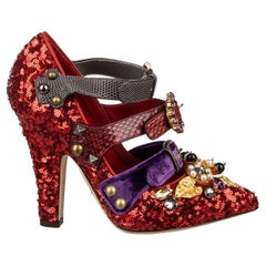 Dolce & Gabbana Sequin Pearl Brooch Strap Mary Jane Pumps VALLY Red EUR 38.5