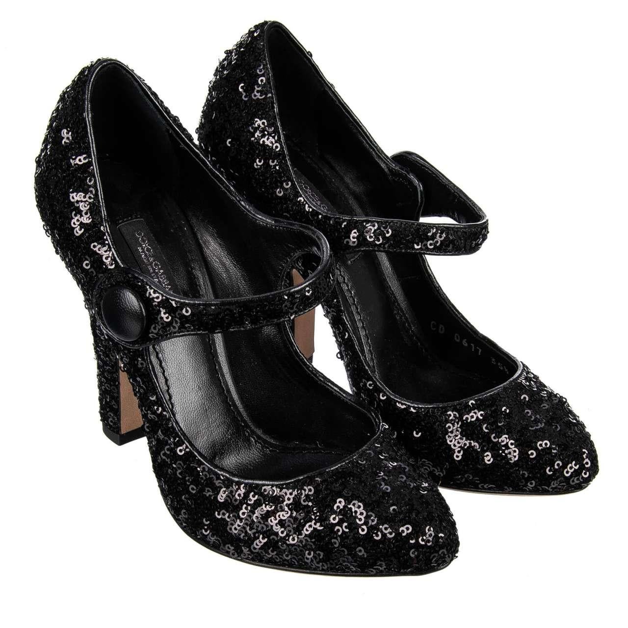 Dolce & Gabbana - Sequined Mary Janes VALLY Black EUR 35.5 For Sale 1