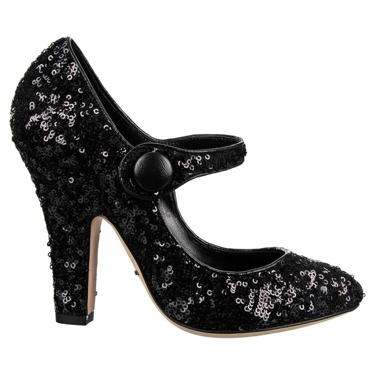 Dolce & Gabbana - Sequined Mary Janes VALLY Black EUR 35.5 For Sale