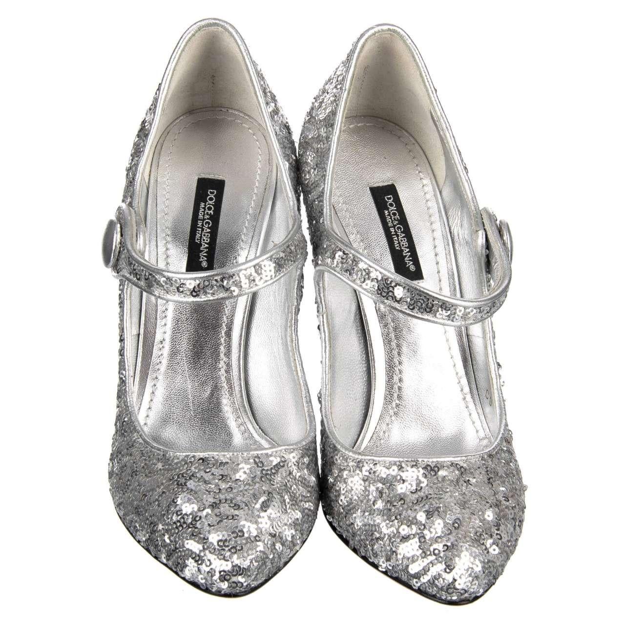 Dolce & Gabbana - Sequined Mary Janes VALLY Silver EUR 35.5 In Excellent Condition For Sale In Erkrath, DE