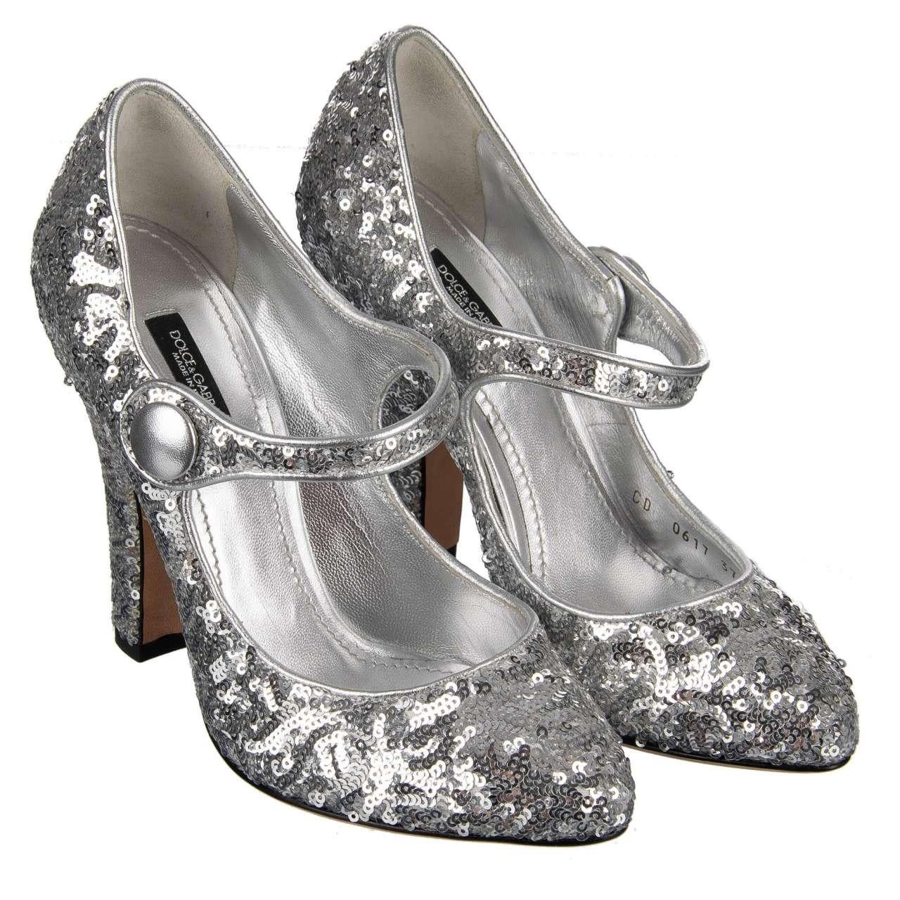 Dolce & Gabbana - Sequined Mary Janes VALLY Silver EUR 35.5 For Sale 1