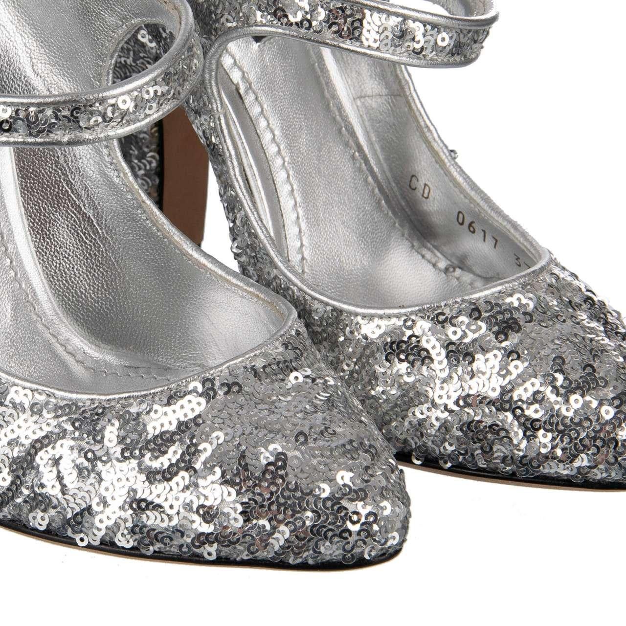 - Sequined Mary Jane Pumps VALLY in silver by DOLCE & GABBANA Black Label - RUNWAY - Dolce & Gabbana Fashion Show - Former RRP: EUR 495 - MADE IN ITALY - New with box - Model: CD0617-AE427-8B418 - Material: 68% Polyester, 32% Lambskin - Inside