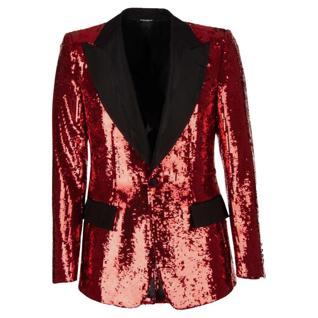 Dolce & Gabbana - Sequined Tuxedo Blazer with Moire Lapel Red Black 48 For Sale