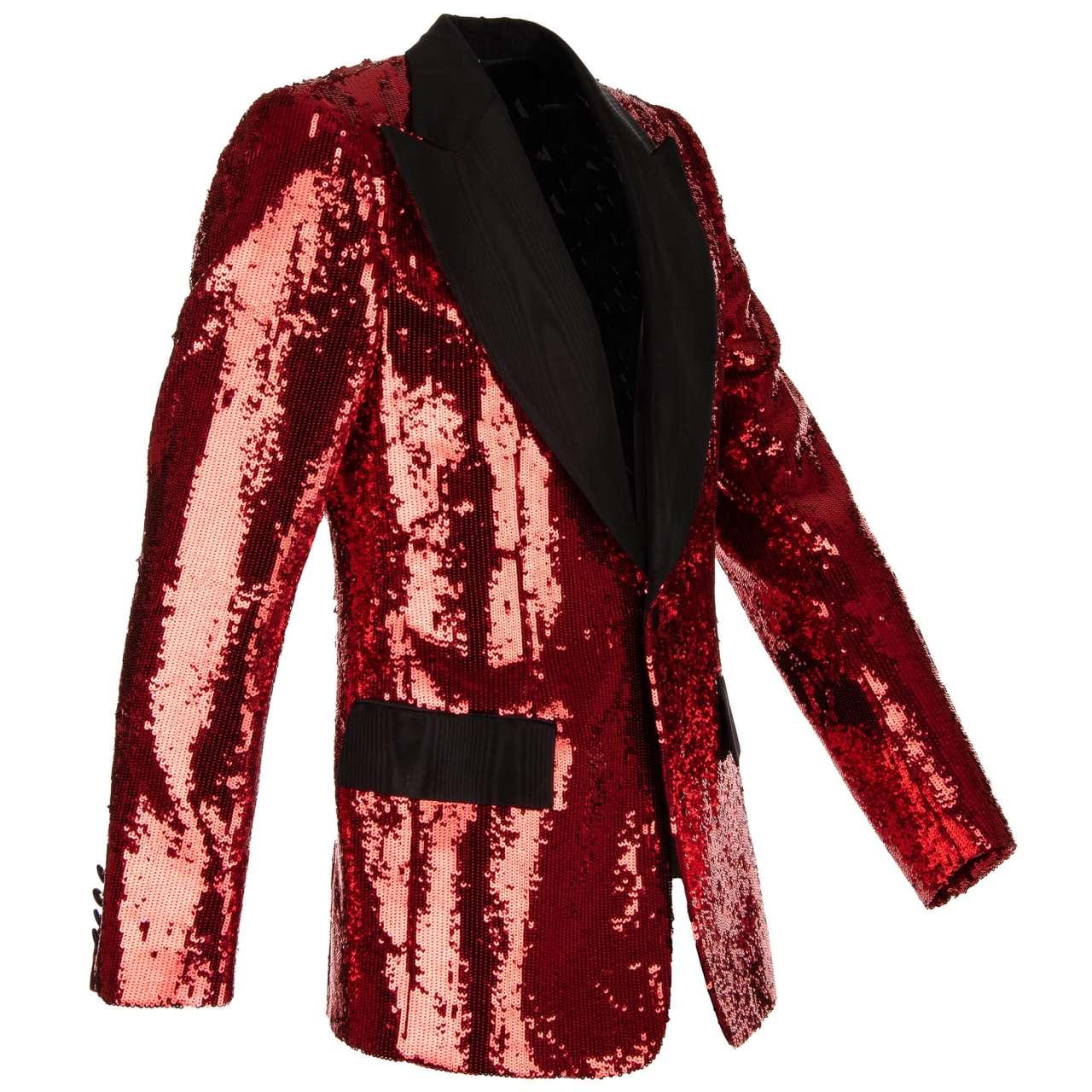 Dolce & Gabbana - Sequined Tuxedo Blazer with Moire Lapel Red Black 54 In Excellent Condition For Sale In Erkrath, DE